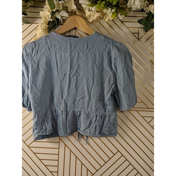 BRANDY MELVILLE Women's Blue Tie Front Short Sleeve Ruffle Top Size XS/S - Picture 5 of 5